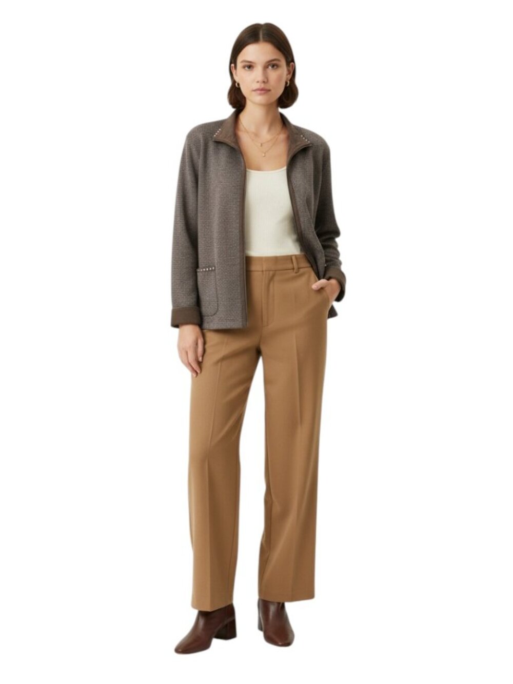 Alia Blazer Jacket Houndstooth Cotton Blend Tweed Brown Stretch Pockets Size XL